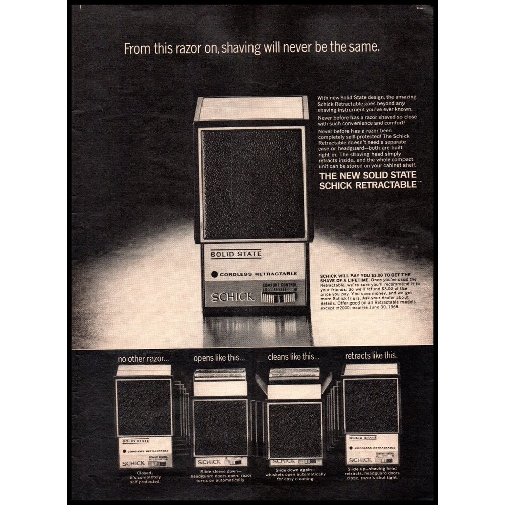 1968 Schick Cordless Rechargeable Electric Razor Shaver Vintage Print Ad Art